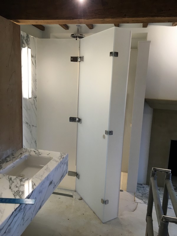 Bespoke frosted glass shower enclosure in Abbey Wood luxury bathroom